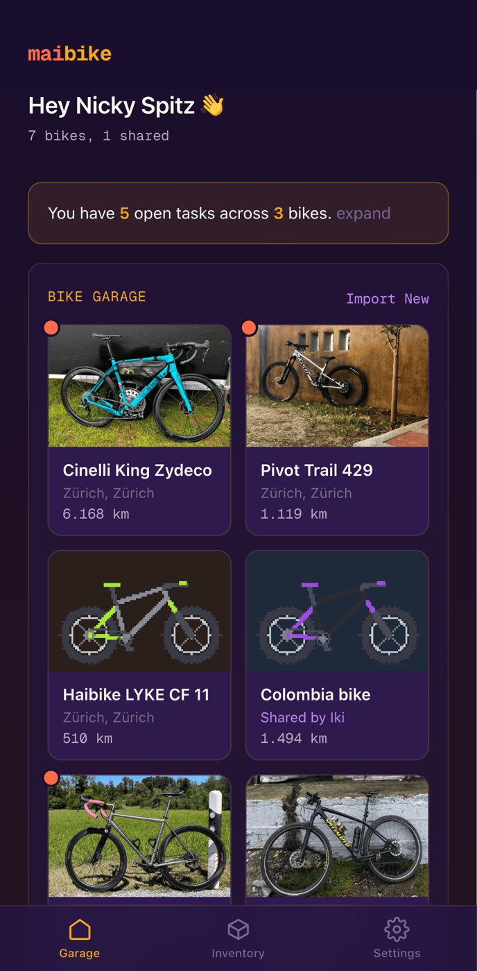 The garage: every bike, its km, and open tasks